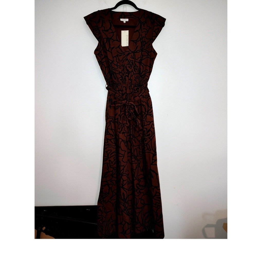 Z Supply Reese Poplin Dress Brown Black Floral V-Neck Midi Belted New PD261918E